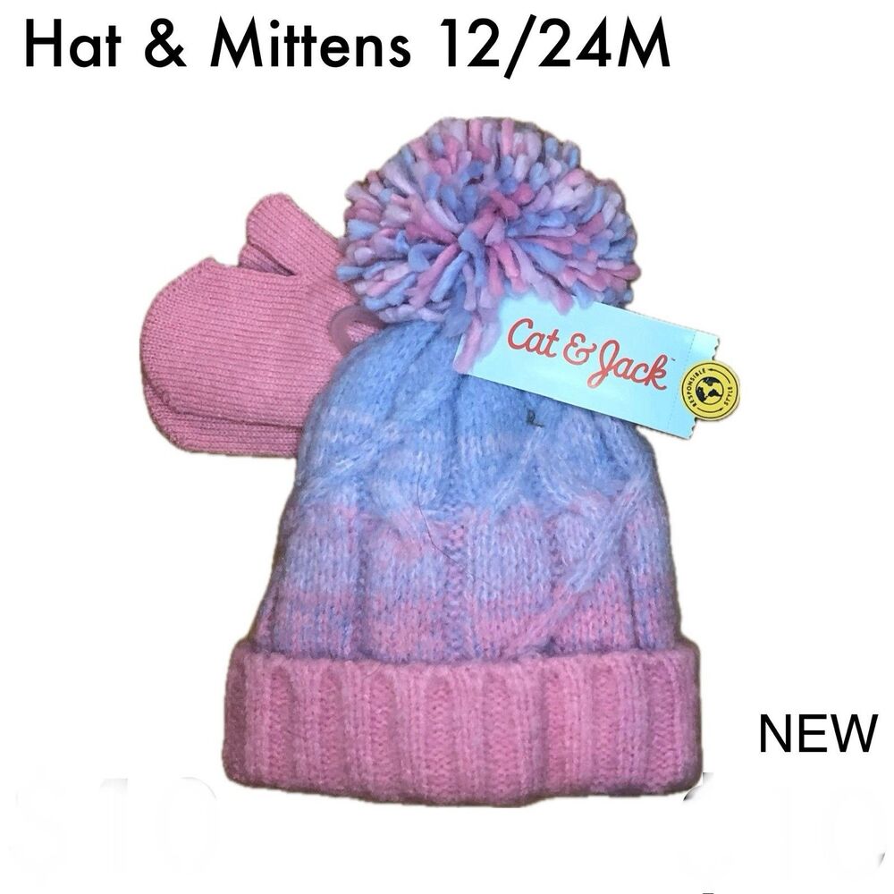 Cat & Jack Ombré Winter Hat & Mittens Pink Purple Pom Toddler 12-24m